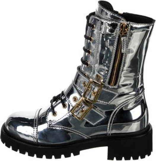 Giuseppe Zanotti Patent Leather Ankle Combat Boots Silver Round-Toes Velcro Closure at Sides