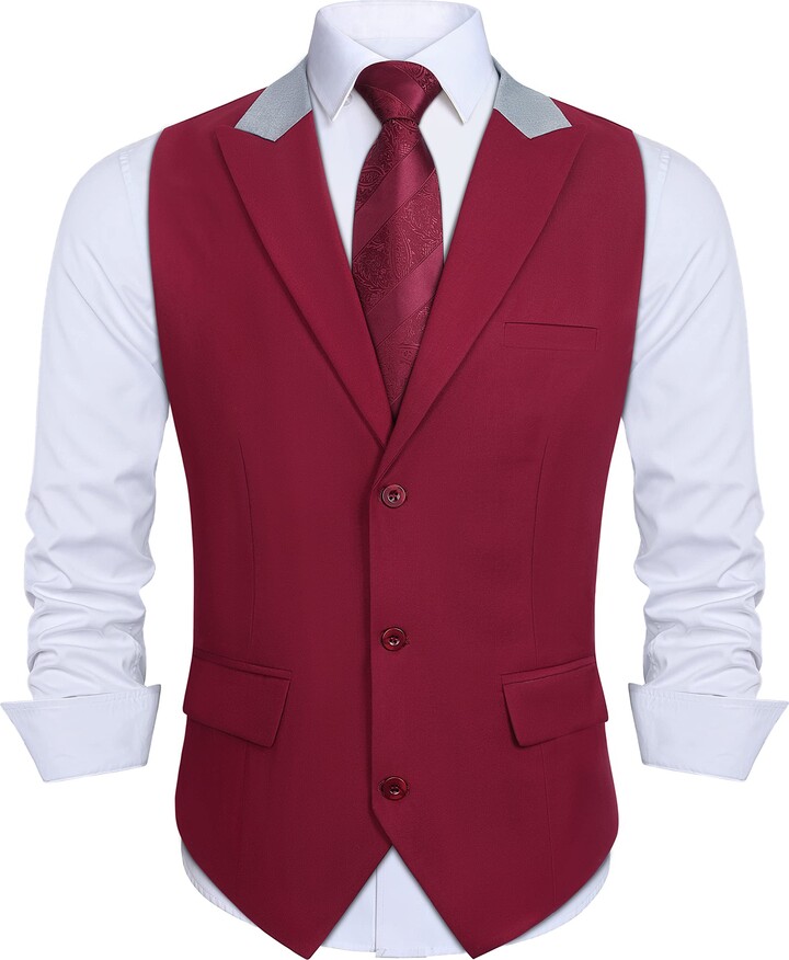HISDERN Burgundy Waistcoat Formal Waistcoat With Pockets Casual