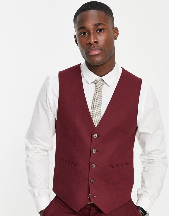ASOS DESIGN skinny vest in burgundy - ShopStyle Suits