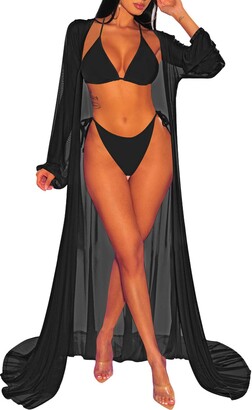 Pink Wind Women's 3 Piece Swimsuits Sexy Halter Triangle Bikini Sets with  Maxi Mesh Cover up Black L - ShopStyle Swimwear