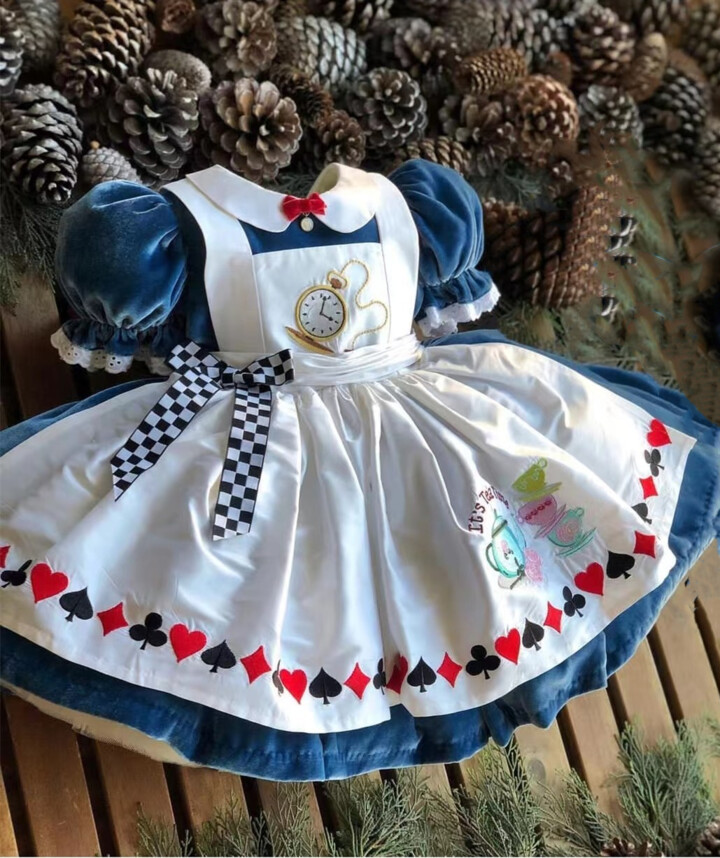 Hugshood 0-12Y Baby Girl Autumn Winter Blue Velvet Alice Embroidery Vintage Princess Ball Gown Dress for Eid Birthday Causal C69
