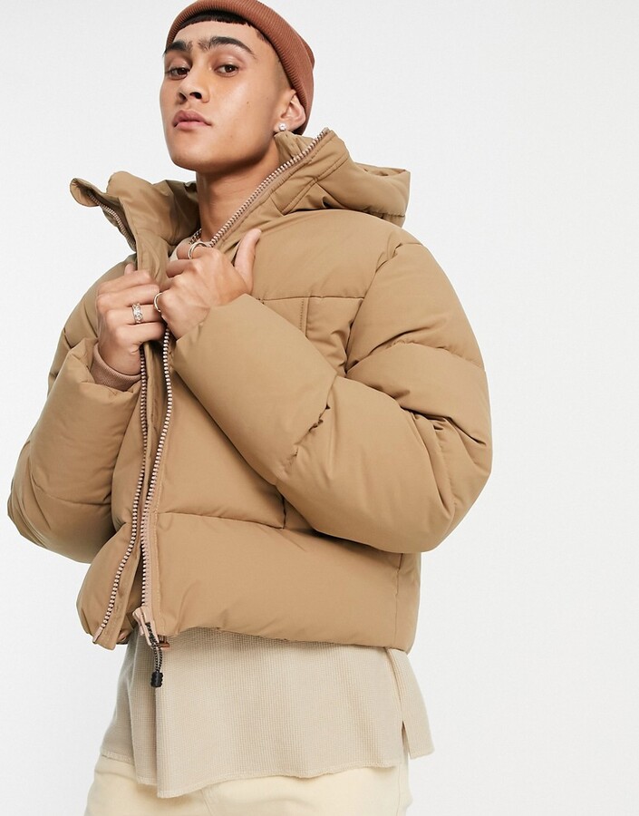 ASOS DESIGN puffer jacket with hood in camel - ShopStyle