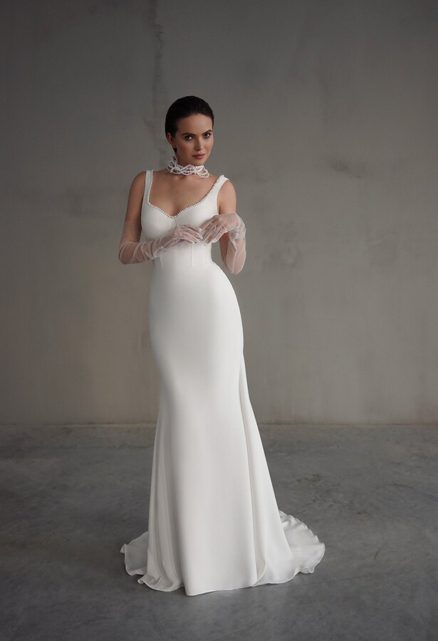 White Satin Elegant Sculpted Bodice Bridal Gown With Sheer Pearl-Embellished Straps & Open-Back Mermaid