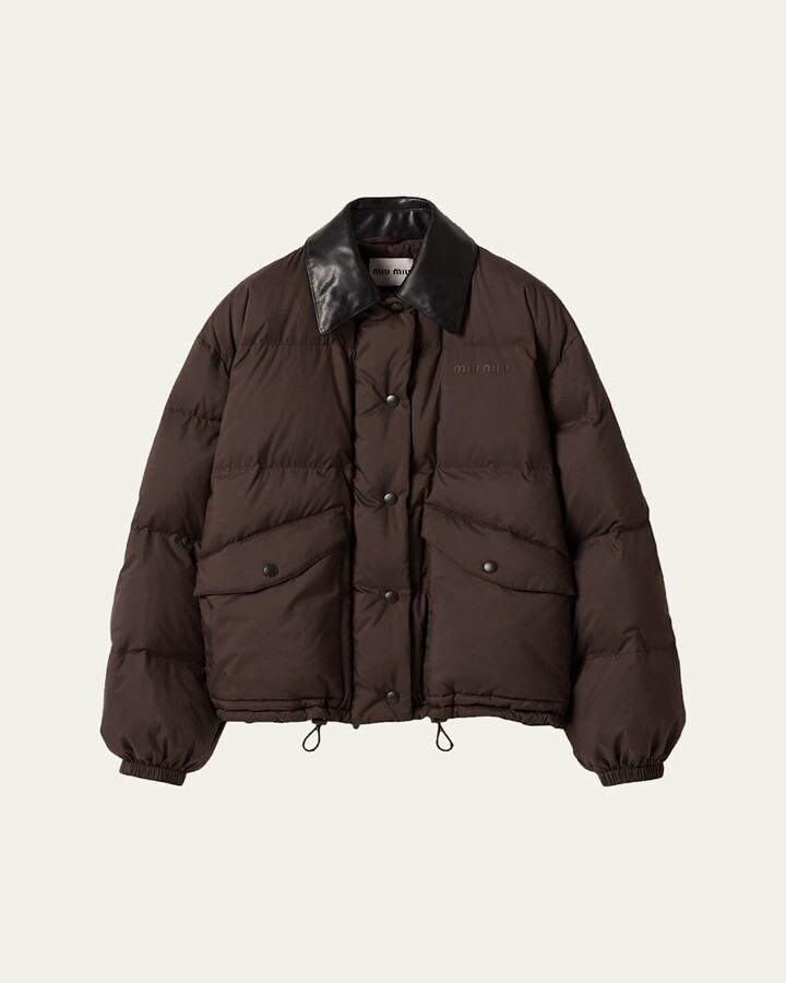 Miu Miu Printed Logo Leather Collar Oversized Down Jacket