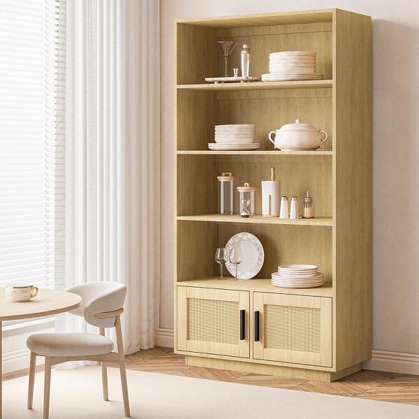 Fulvari 5TierBohoBookcasewithRattanDoorsWoodenBookshelfw/StorageTallOpenShelfBookStandforLivingRoomBedroomHomeKitchenNatural