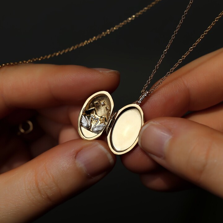Swan Lake Locket Necklace, Oval Gold Diamond Pendant