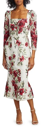 Marchesa Floral-Embroidered Puff-Sleeve Silk Cocktail Dress