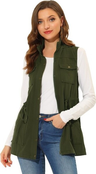 Allegra K Women's Zip Up Sleeveless Cargo Jacket Hoodie Pocket