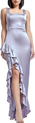 Dress the Population Charlene Square Neck Ruffle Front Satin Sheath Gown