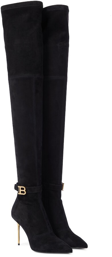 Dark Elegance: Balmain Stretch Suede Over-the-Knee Boots in Black