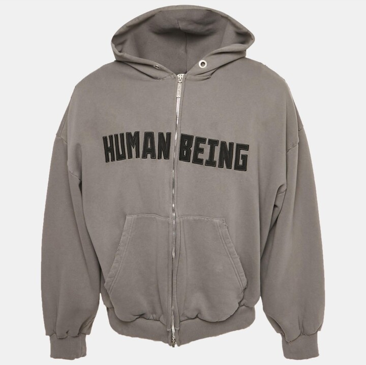 Pre-Owned Balenciaga Men's Unisex Grey Cotton Distressed Zip-Up Hoodie