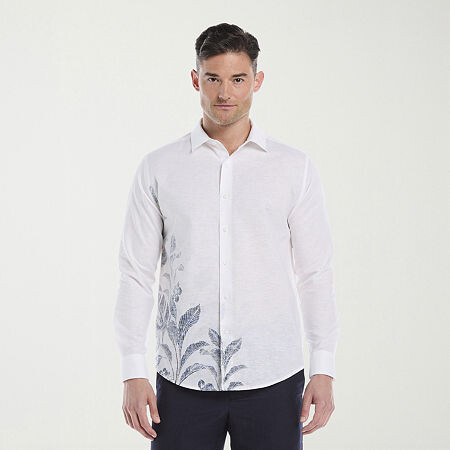 Cubavera Asymmetrical Placement Print Mens Long Sleeve Regular Fit Button-Down Shirt