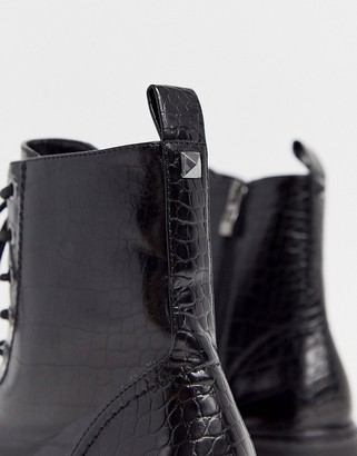 Stradivarius croc effect lace up chunky soled boots in black