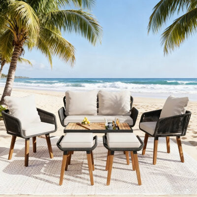 Dakota Fields 6-Piece Outdoor Rope Furniture Set Acacia Wood Cool Bar Table Ice Bucket 2 Stools Black & Beige