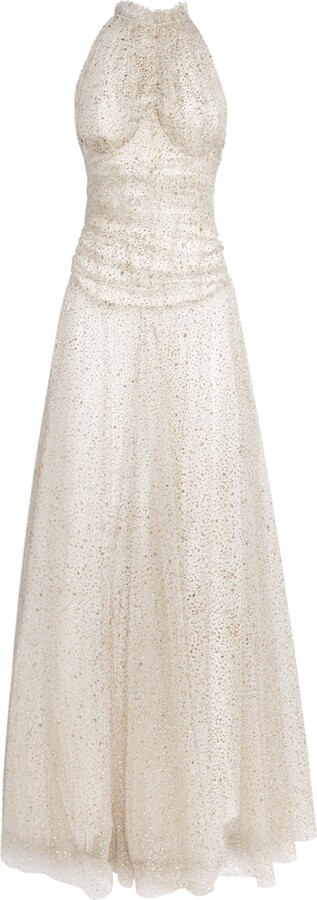 Sandra Mansour Tulle Embellished Nue Gown