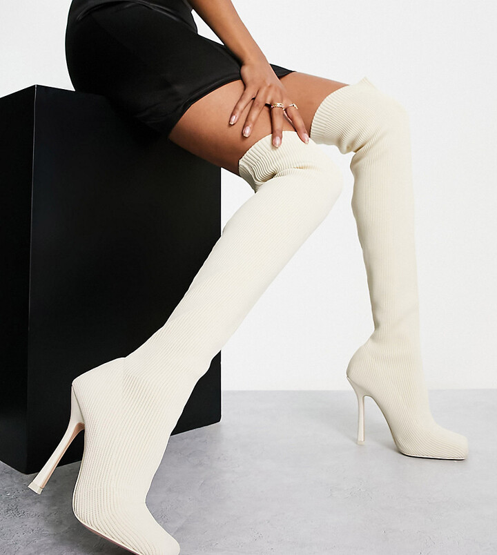 Public Desire Wide Fit Bubbles over-the-knee knitted stiletto boots in off  - ShopStyle