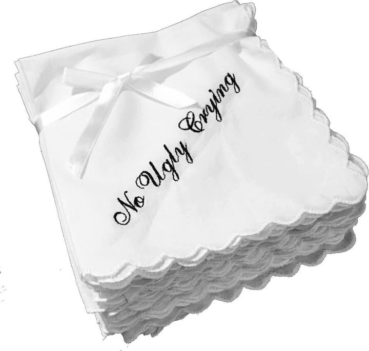 Etsy Set Of 8 Perfect Bridesmaid Gift - No Ugly Crying™ Handkerchief Scallopped Edge Your Choice Color Thread - Hangers Included