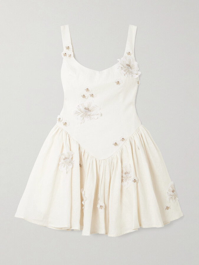 Agua by Agua Bendita Lima Embellished Appliquéd Linen Mini Dress - Off-white