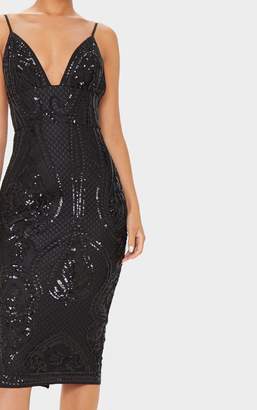 PrettyLittleThing Black Sequin Plunge Strappy Midi Dress