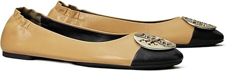 Tory Burch Claire Cap-Toe Ballet Women's Flat Shoes Ginger Shortbread/Perfect Black : 9.5 M, Leather