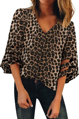 GOSOPIN Summer Tops for Women Plus Size Casual Loose 3/4 Sleeves Boho  Printed Blouse Ladies Leopard Tunic Tops Shirts UK 20 22 - ShopStyle