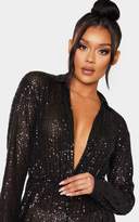 Thumbnail for your product : PrettyLittleThing Black Sequin Collar Detail Long Sleeve Jumpsuit