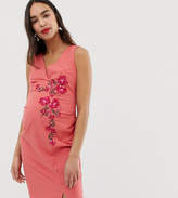 Thumbnail for your product : Little Mistress Maternity embroidered wrap front pencil dress in orange