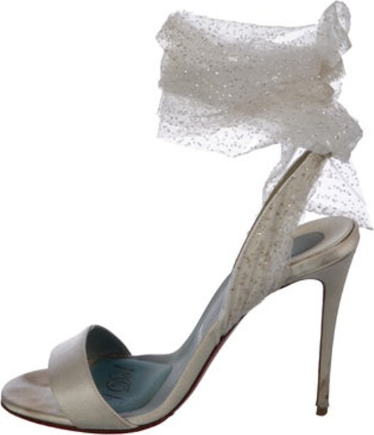 Christian Louboutin Satin Gladiator Sandals Silver Leather Trim Glitter & Mesh Accents Wrap-Around Straps & Tie Closures Designer