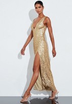 gold metallic cowl split leg maxi dress