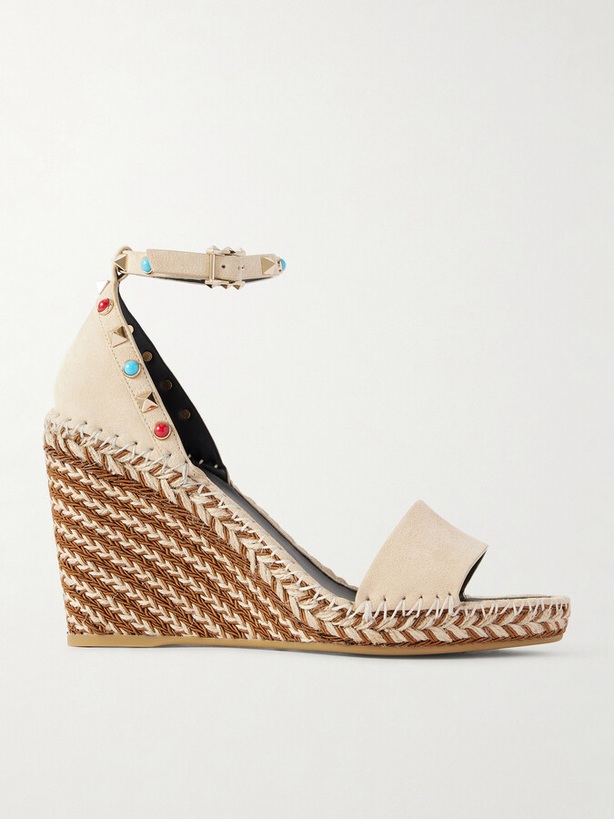 Valentino Garavani - Rockstud 105 Bead-embellished Suede Espadrille Wedge Sandals - Brown