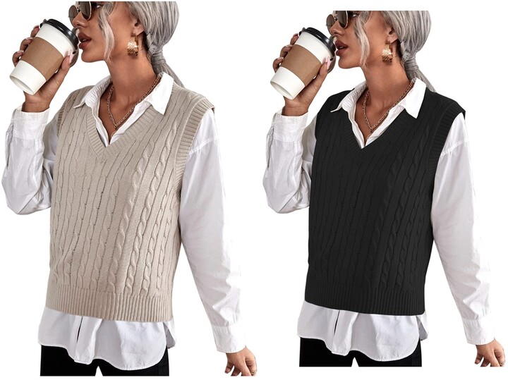 ELESOL Sweater Vest Womens Sleeveless Sweater V Neck Knit Sweater Vest Solid Classic Crop Knitted Vest S-XXL