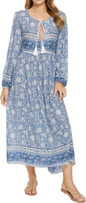 TOP-VIGOR Womens Casual Boho Dresses for Women Bohemian Long Sleeve Floral Print Retro Neck Tie Beach Style Long Midi Dress