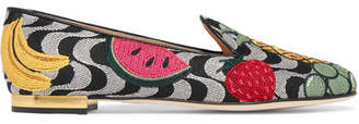 Charlotte Olympia Fruit Salad Embroidered Canvas Slippers - Gray