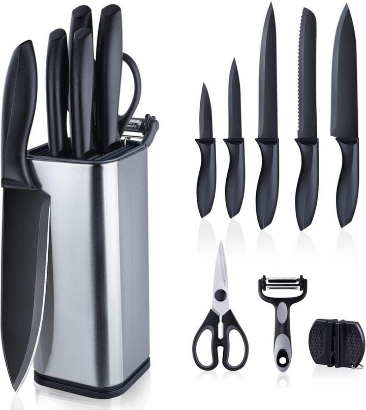 Wudkey 10-Piece Black Stainless Steel Kitchen Knife Set with Block for Cooking, Slicing, Mincing and Dicing