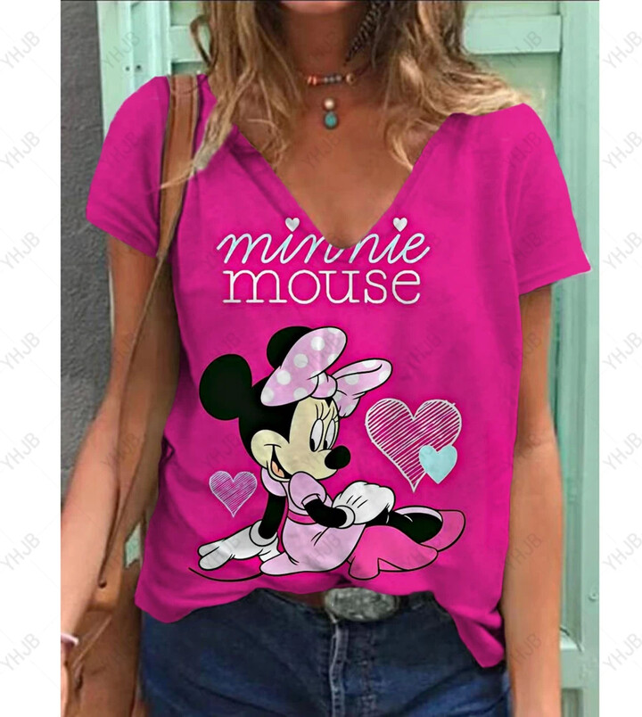 MINISO Summer New Women T Shirt Disney Minnie Mickey Mouse Print V-neck Short Sleeve Blouse Fashion Plus Size T-shirts For Women Top