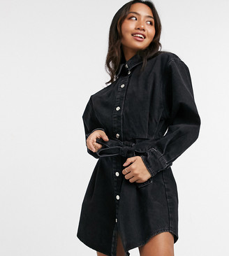 Black denim belted shirt dress Clearance