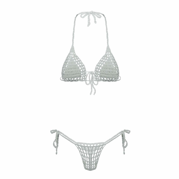 dPois Women's Crochet Micro Tankini Set Swimsuit Halter Bra Top and ...