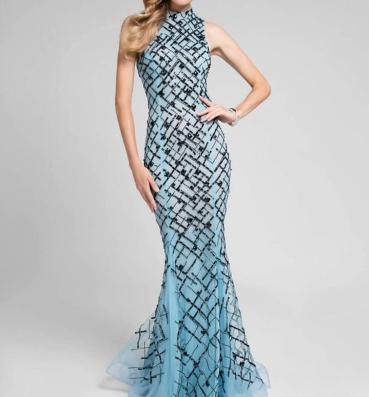 Terani Couture Lacey Gown In Ice Blue
