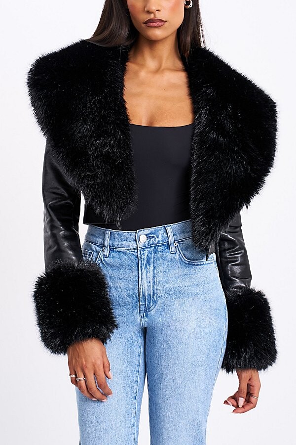 Miss Circle Ziah Cropped Faux Fur Trim Leather Jacket in Black