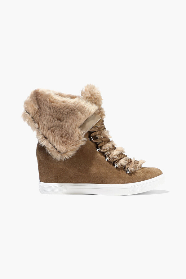 Donna Karan Cristin Faux Fur-trimmed Suede Wedge Sneakers