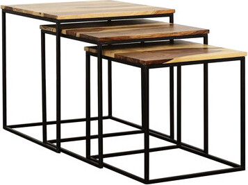 17 Stories Natural And Black Nesting Table Of 3 - Wood Tops Metal Legs Rustic Vibe Addition 3 Tables With Details Home Decor Choice