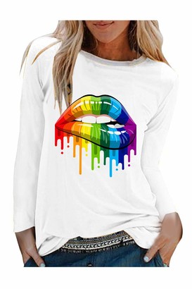 Zilcremo Women Casual Shirt Rainbow Lips Print Long Sleeve Pullover Tops Blouse White XL