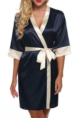 Ekouaer Women's Kimono Robe 2/1 Sleeved Nightgown Robe Silk Robe Party Gown Short Pure Color Bathrobe V-Neck Sleepwear.