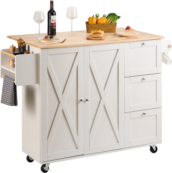 SKYSHALO Rolling Kitchen Storage Cart with Towel Rack and Leaf Board, Wood White