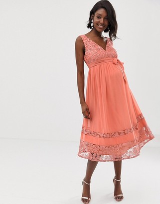 Little Mistress Maternity contrast lace full prom midi skater dress in coral