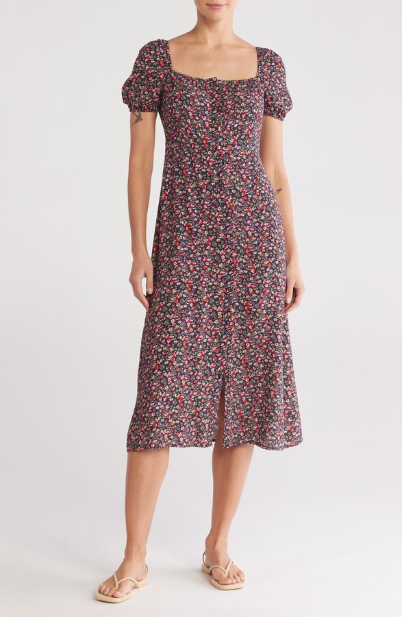 Love Stitch Puff Sleeve Midi Dress