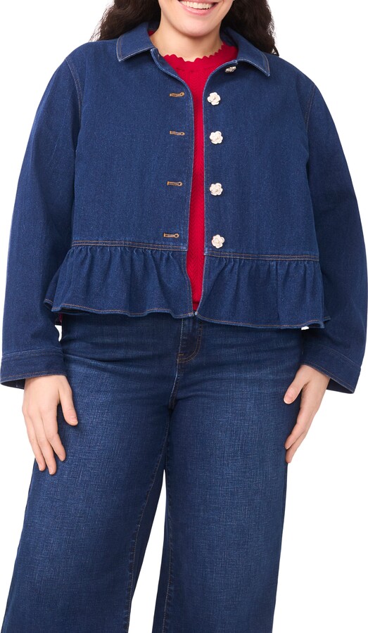 CeCe Floral Button Peplum Denim Jacket