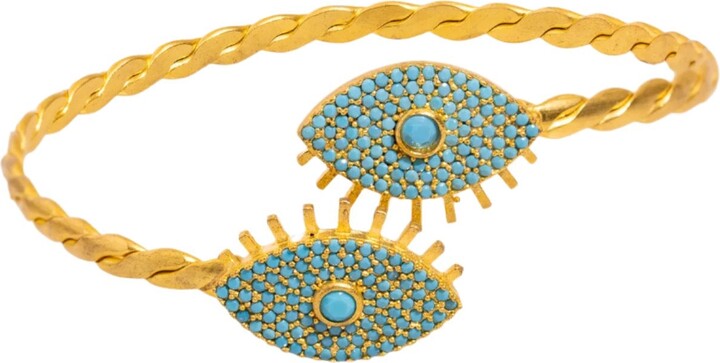Ebru Jewelry Gold / Blue Turquoise Evil Eye Twisted Gold Design Cuff Bracelet - Turquoise