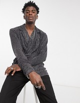 Thumbnail for your product : ASOS DESIGN relaxed long sleeve wrap shirt in black metallic jersey