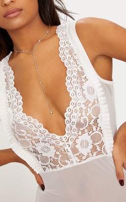 PrettyLittleThing White Lace Frill Mesh Plunge Thong Bodysuit